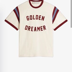 Golden Goose Cream T-Shirt with Maroon and Blue Accents